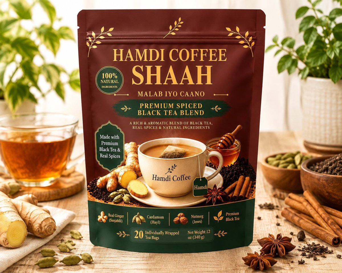 Hamdi Shaah retail package with a brewed cup of spiced black tea