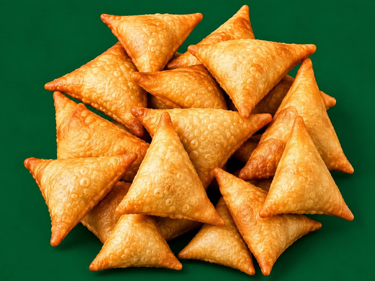 Golden triangular sambusas displayed against a green background.