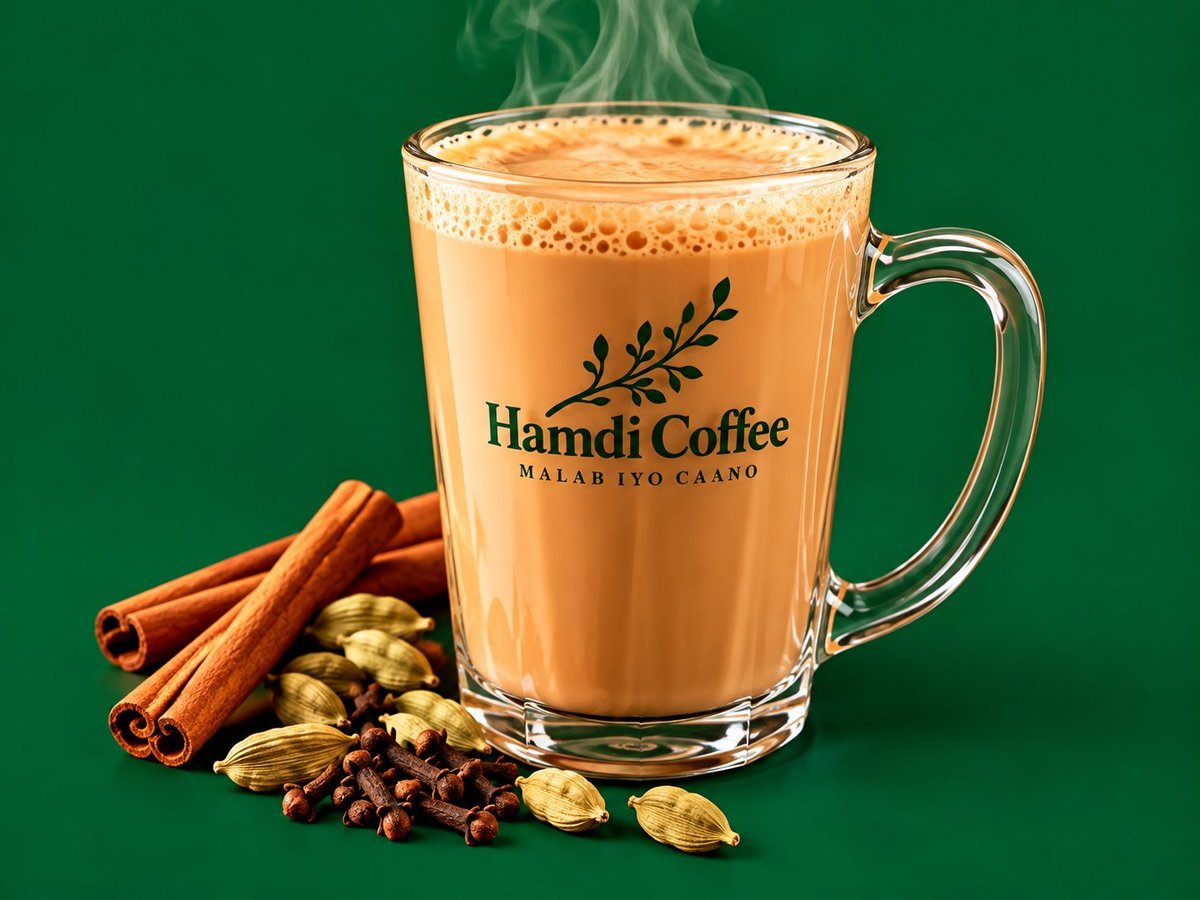 Qabribayax Somali spiced tea in a Hamdi Coffee branded glass mug.